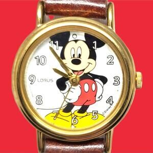 Disney X Lorus Mickey Mouse Gold Watch Vintage Brown Leather